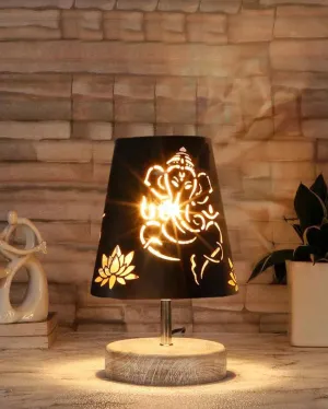 Ganesha Metal Etching Table Lamp With White Brushed Wood Round Base | 6 x 8 inches