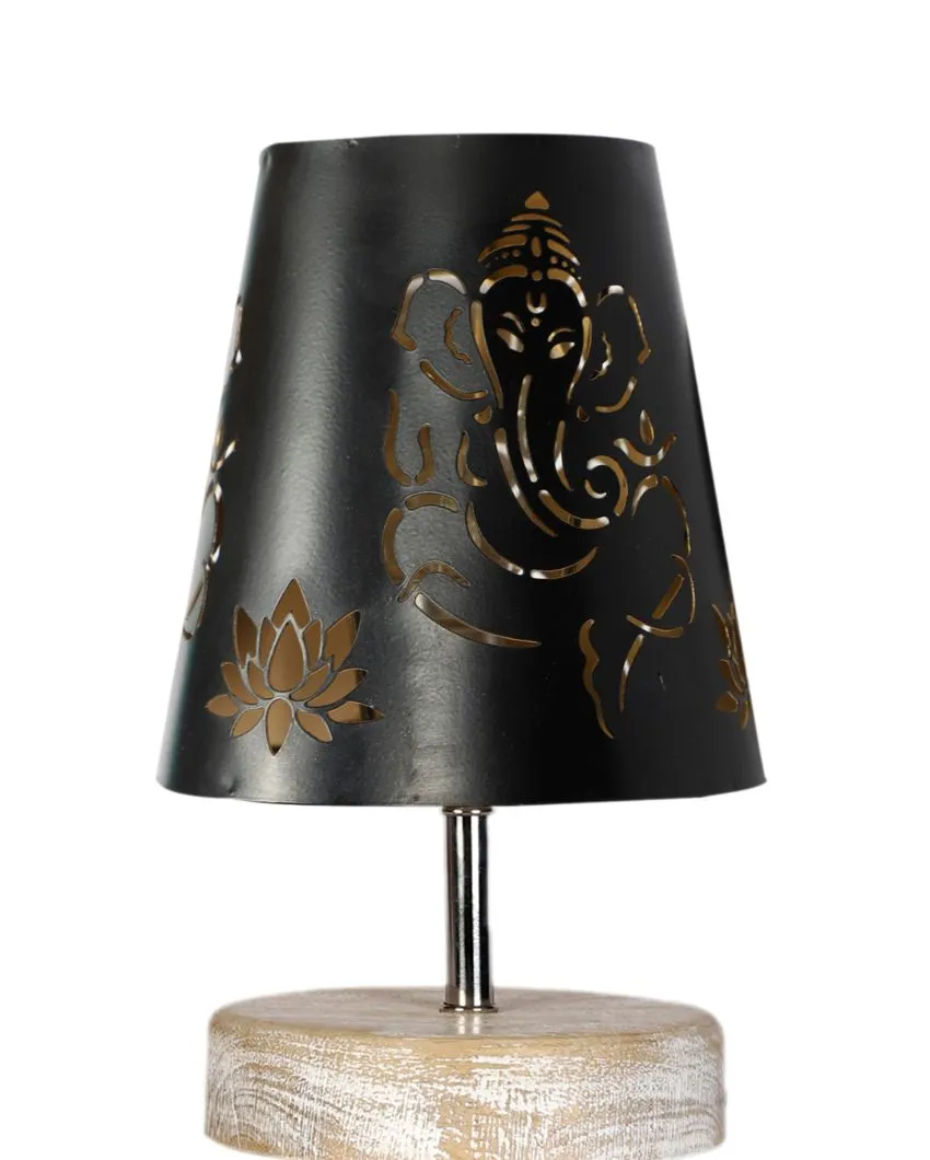 Ganesha Metal Etching Table Lamp With White Brushed Wood Round Base | 6 x 8 inches