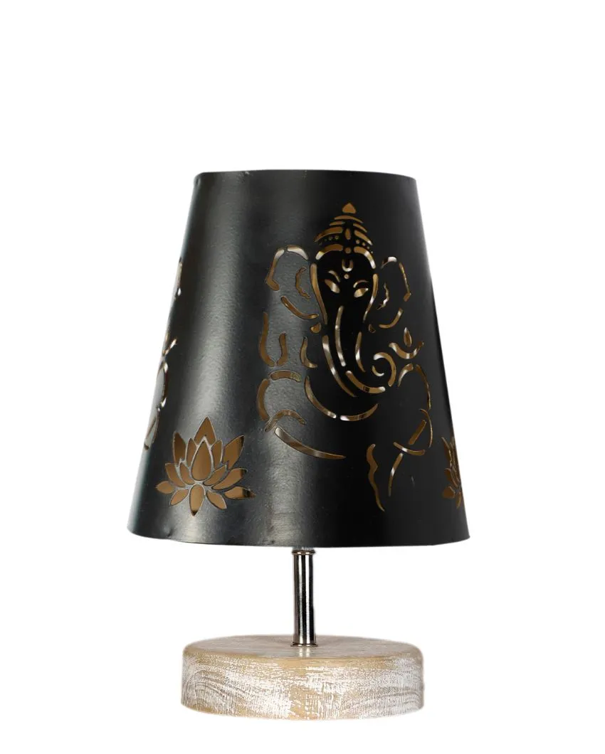 Ganesha Metal Etching Table Lamp With White Brushed Wood Round Base | 6 x 8 inches