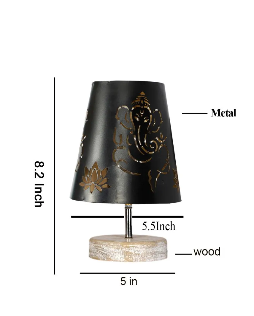 Ganesha Metal Etching Table Lamp With White Brushed Wood Round Base | 6 x 8 inches