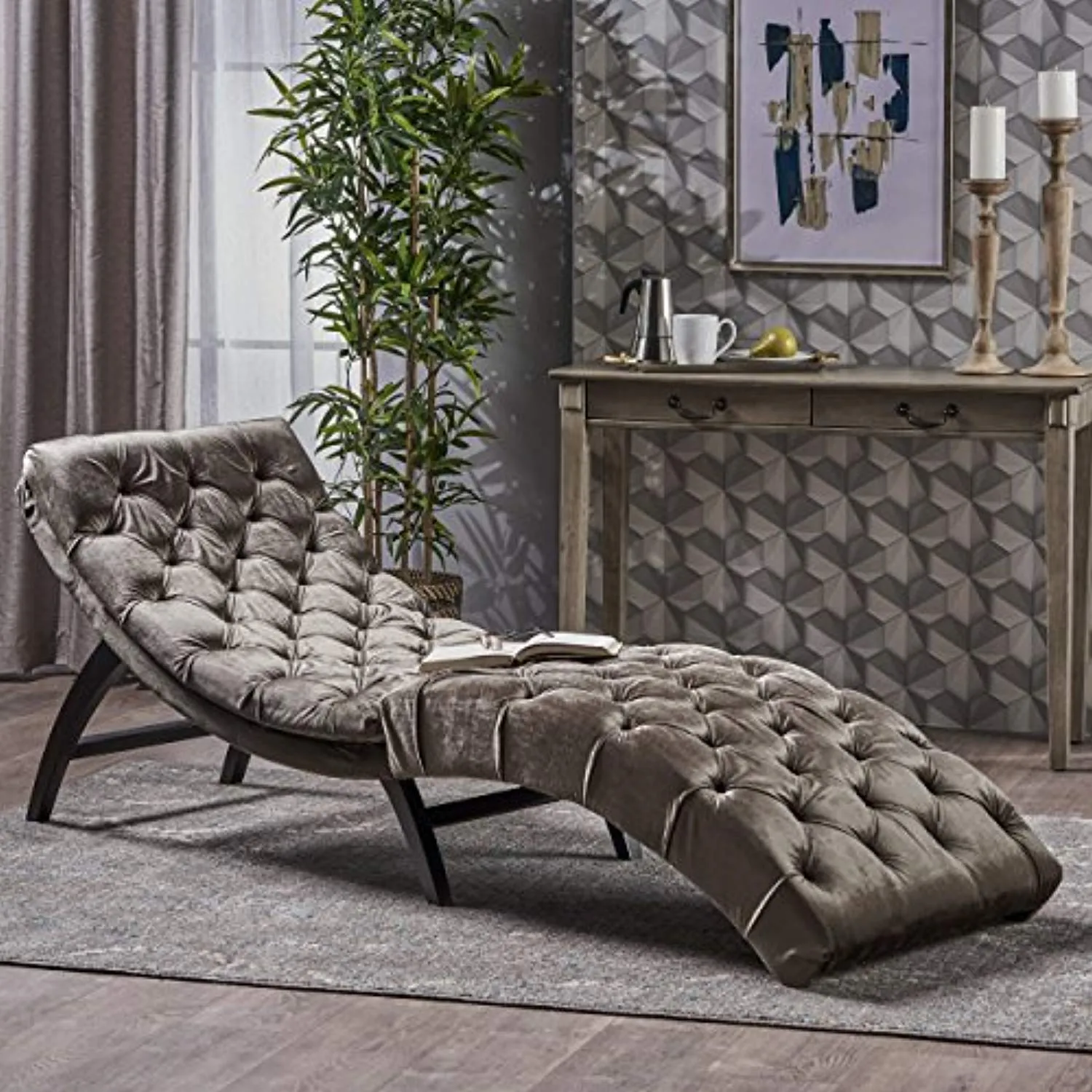 Garamond Tufted Velvet Chaise Lounge, Grey/Dark Brown