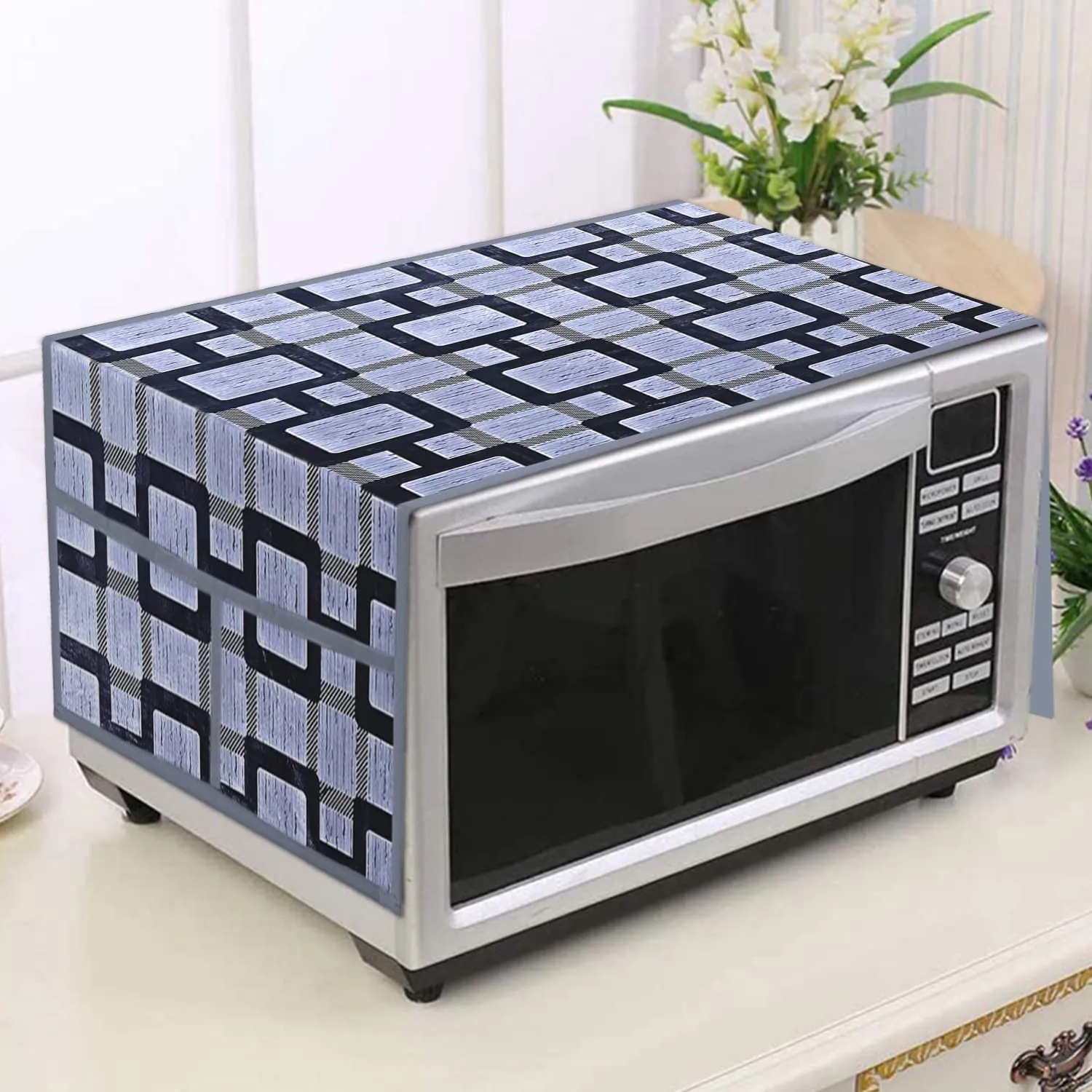 Heart Home Check Printed PVC Microwave Oven Top Dust Oil Proof Cover, Protective Cover with 4 Utility Pockets (Grey)