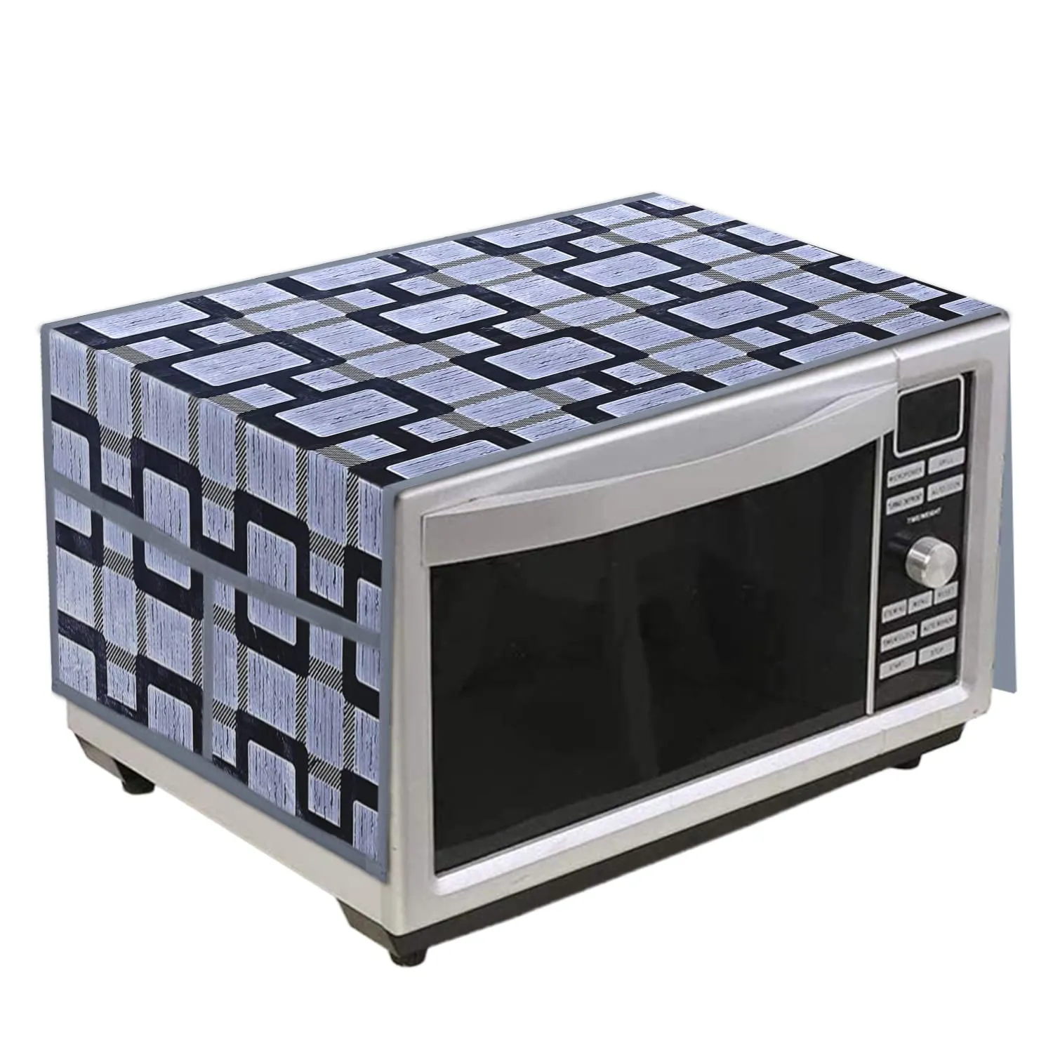 Heart Home Check Printed PVC Microwave Oven Top Dust Oil Proof Cover, Protective Cover with 4 Utility Pockets (Grey)
