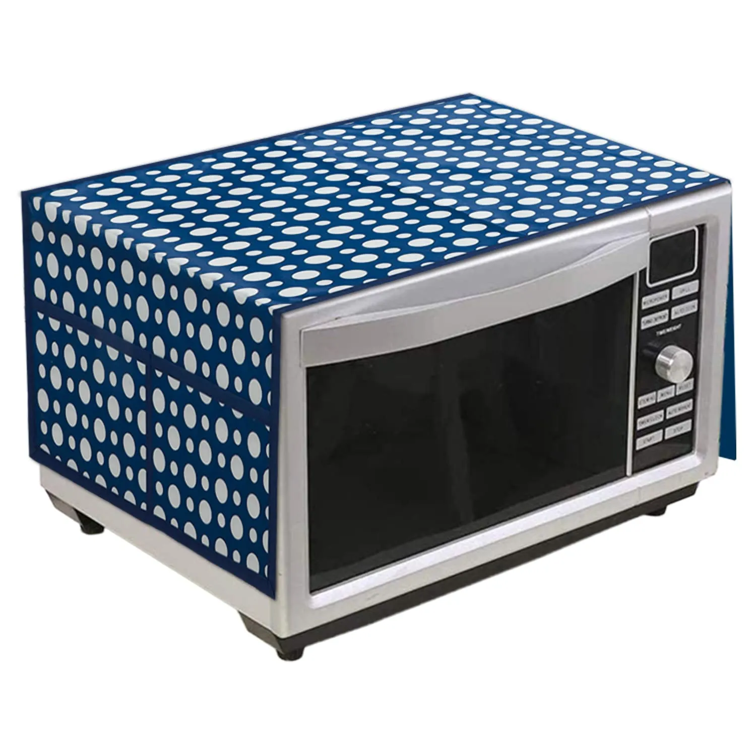 Heart Home Dot Printed PVC Microwave Oven Top Dust Oil Proof Cover, Protective Cover with 4 Utility Pockets (Blue)