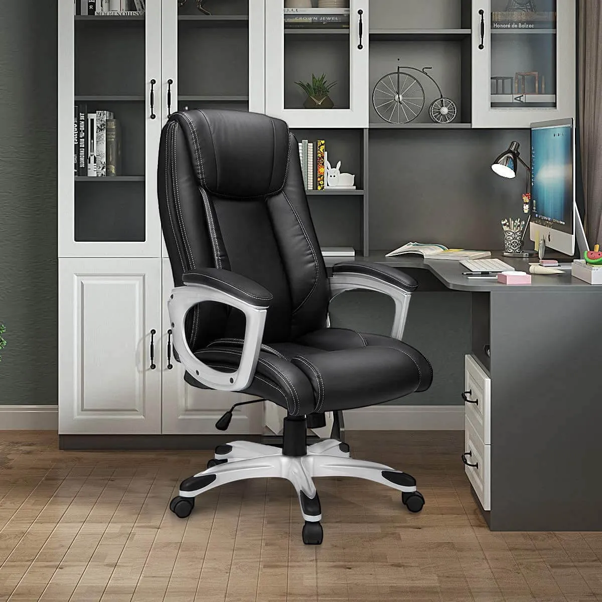 High Back Office Chair PU Leather Ergonomic Desk Chair, Adjustable Executive Office Computer Chair,Black