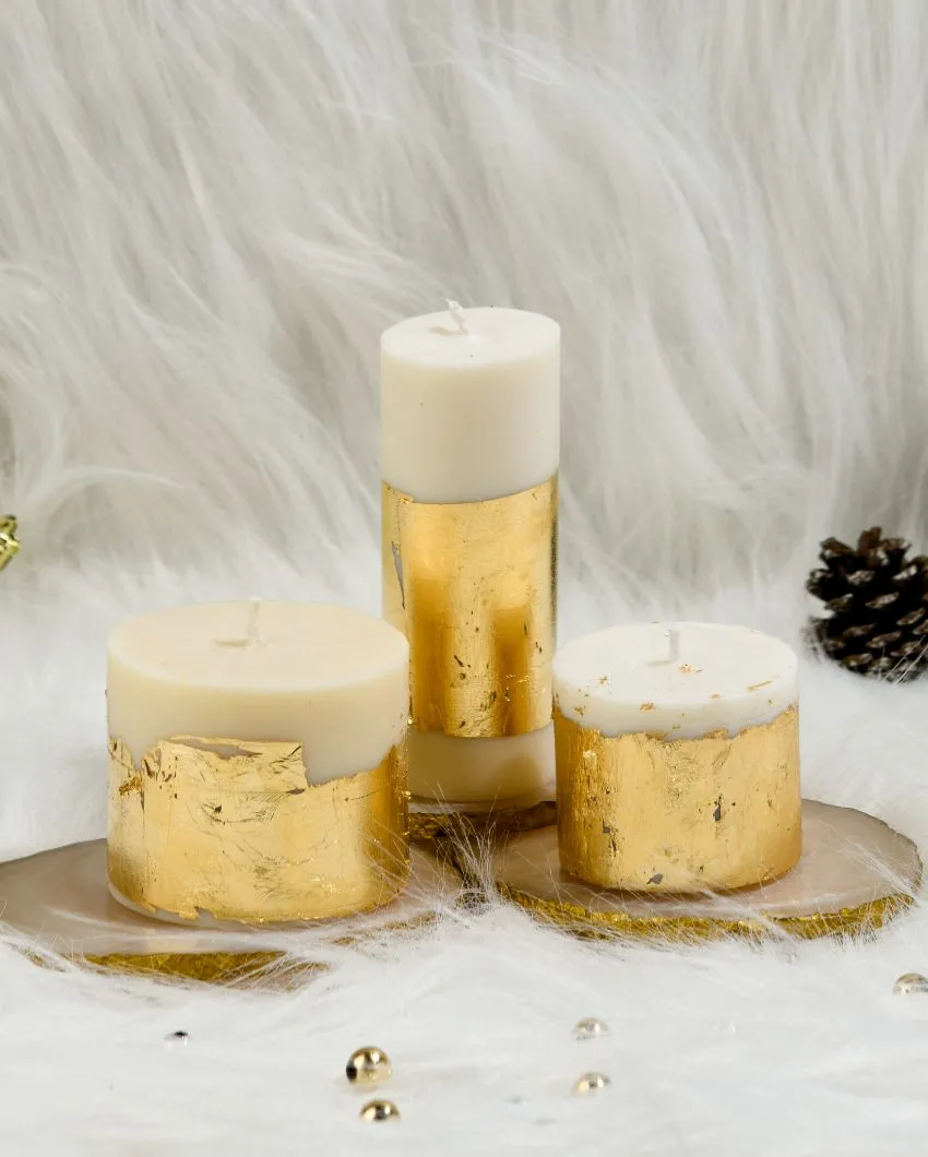Joy White Gold Pillar Candles Cinnamon Roll Scented | Set of 3 | 9 cm / 3.54 inches
