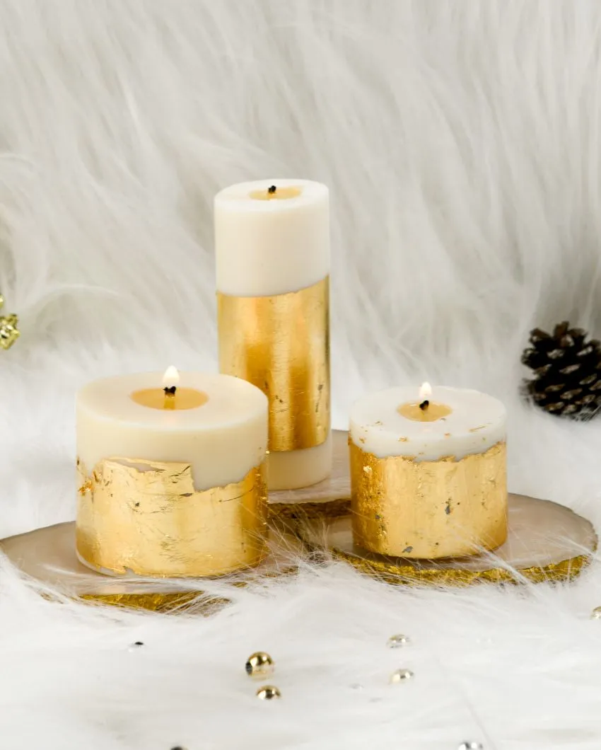 Joy White Gold Pillar Candles Cinnamon Roll Scented | Set of 3 | 9 cm / 3.54 inches