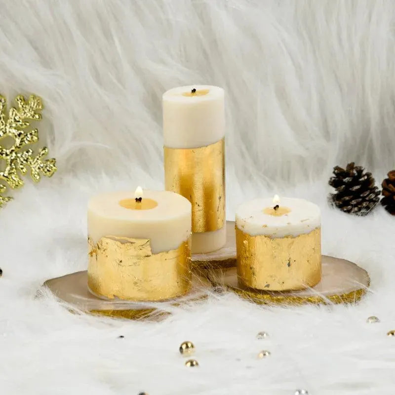 Joy White Gold Pillar Candles Cinnamon Roll Scented | Set of 3 | 9 cm / 3.54 inches