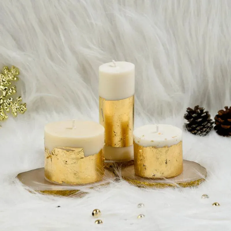 Joy White Gold Pillar Candles Cinnamon Roll Scented | Set of 3 | 9 cm / 3.54 inches