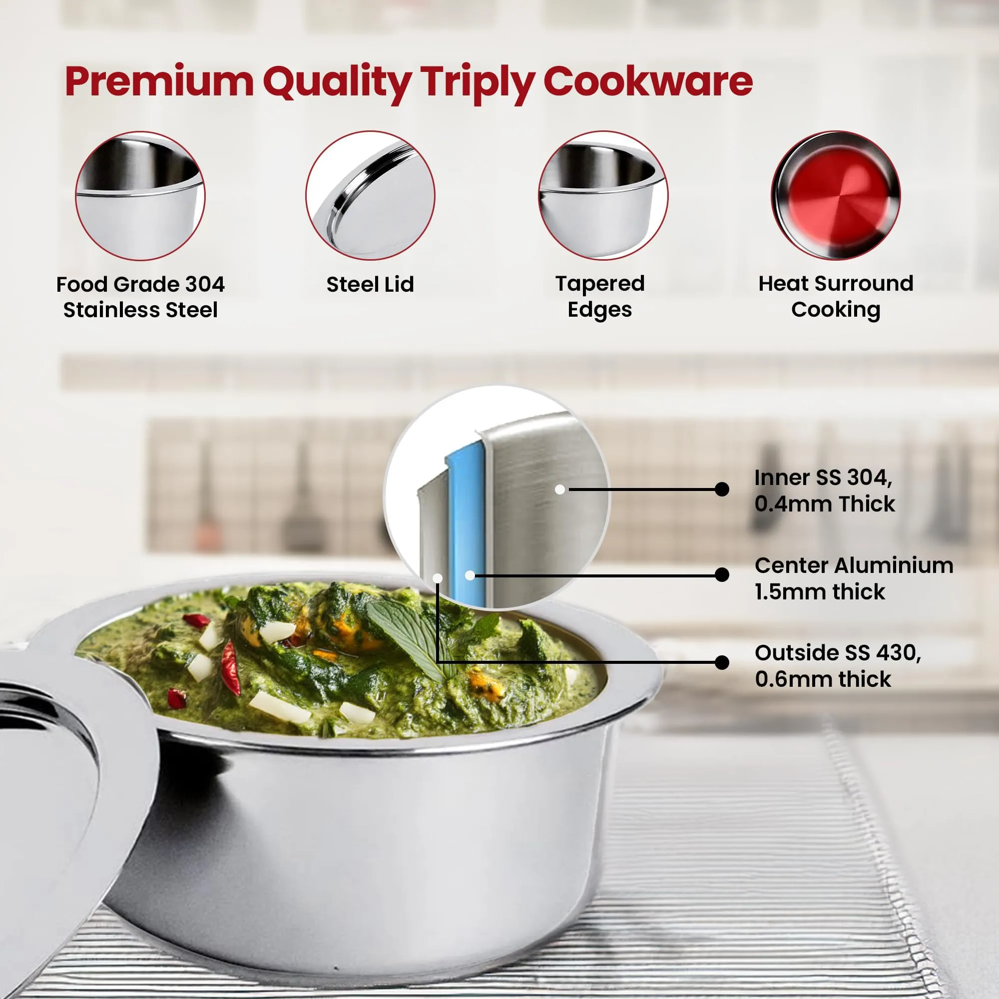 Kuber Industries 1.5L Stainless Steel Tope Set/Vessels for Cooking with Lid | Induction Safe Heavy Duty Gauge Boiling & Cooking Patila/Topiya/Bhagona Steel Utensils for Kitchen | Silver