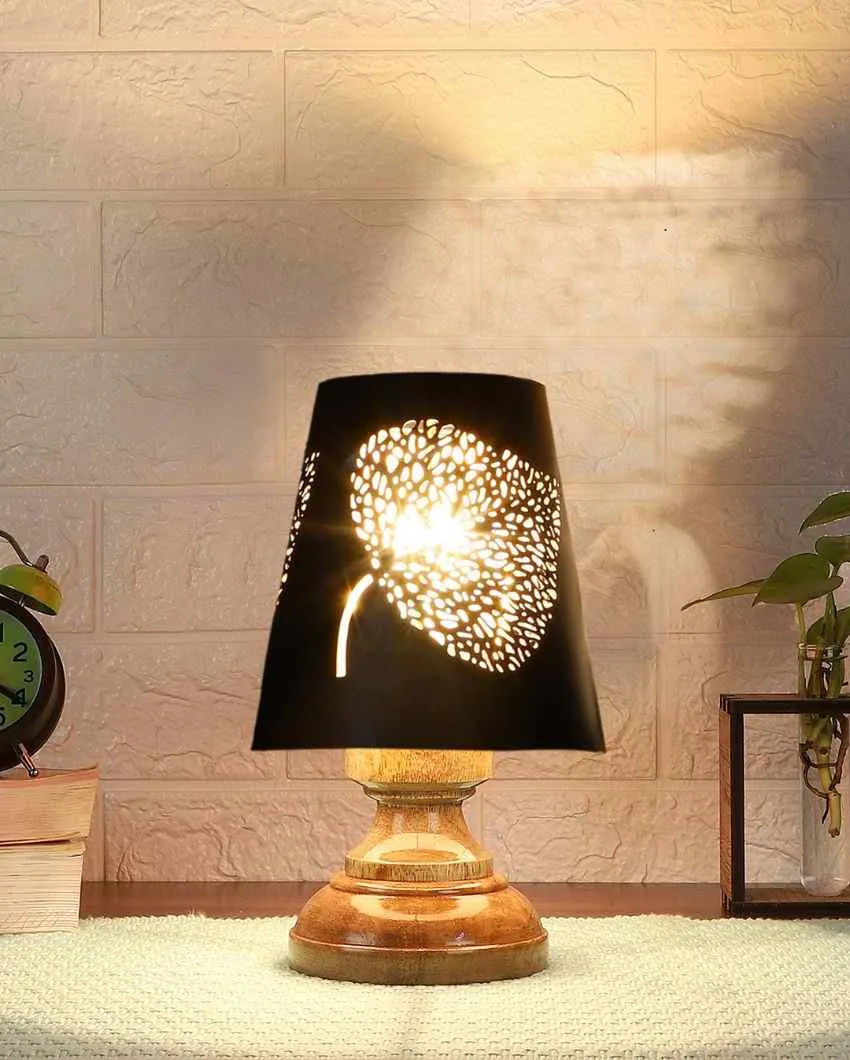 Leaf Metal Etching Table Lamp With Natural Wood Modest Round Base | 6 x 8 inches