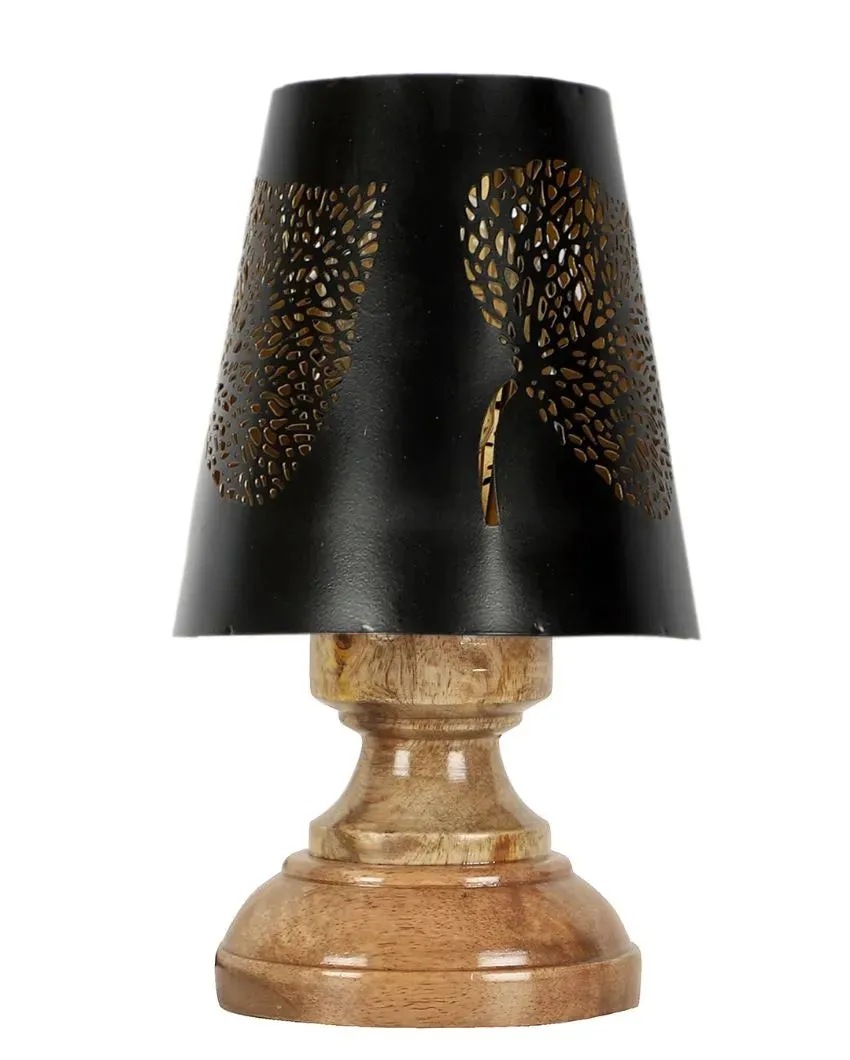 Leaf Metal Etching Table Lamp With Natural Wood Modest Round Base | 6 x 8 inches