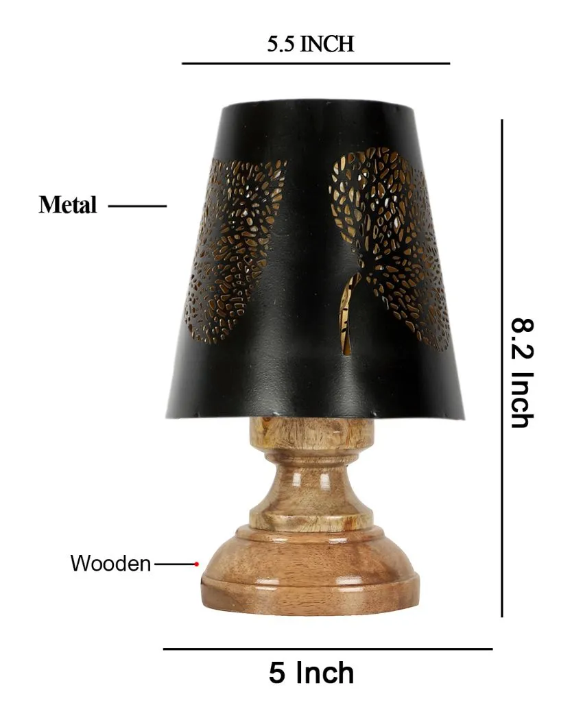 Leaf Metal Etching Table Lamp With Natural Wood Modest Round Base | 6 x 8 inches