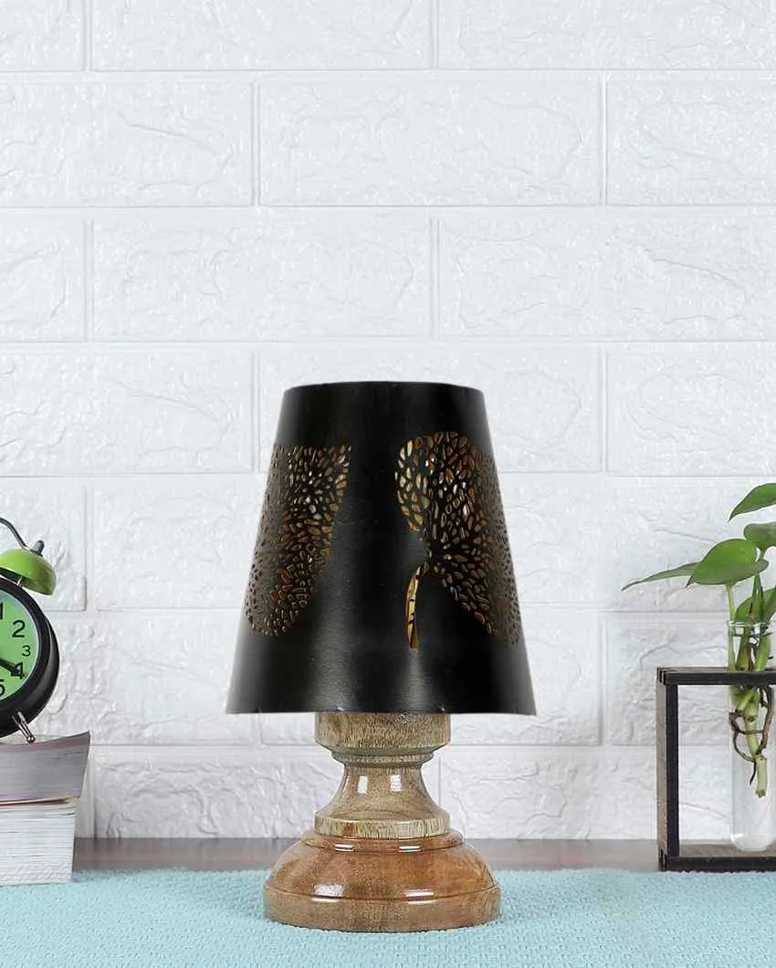 Leaf Metal Etching Table Lamp With Natural Wood Modest Round Base | 6 x 8 inches