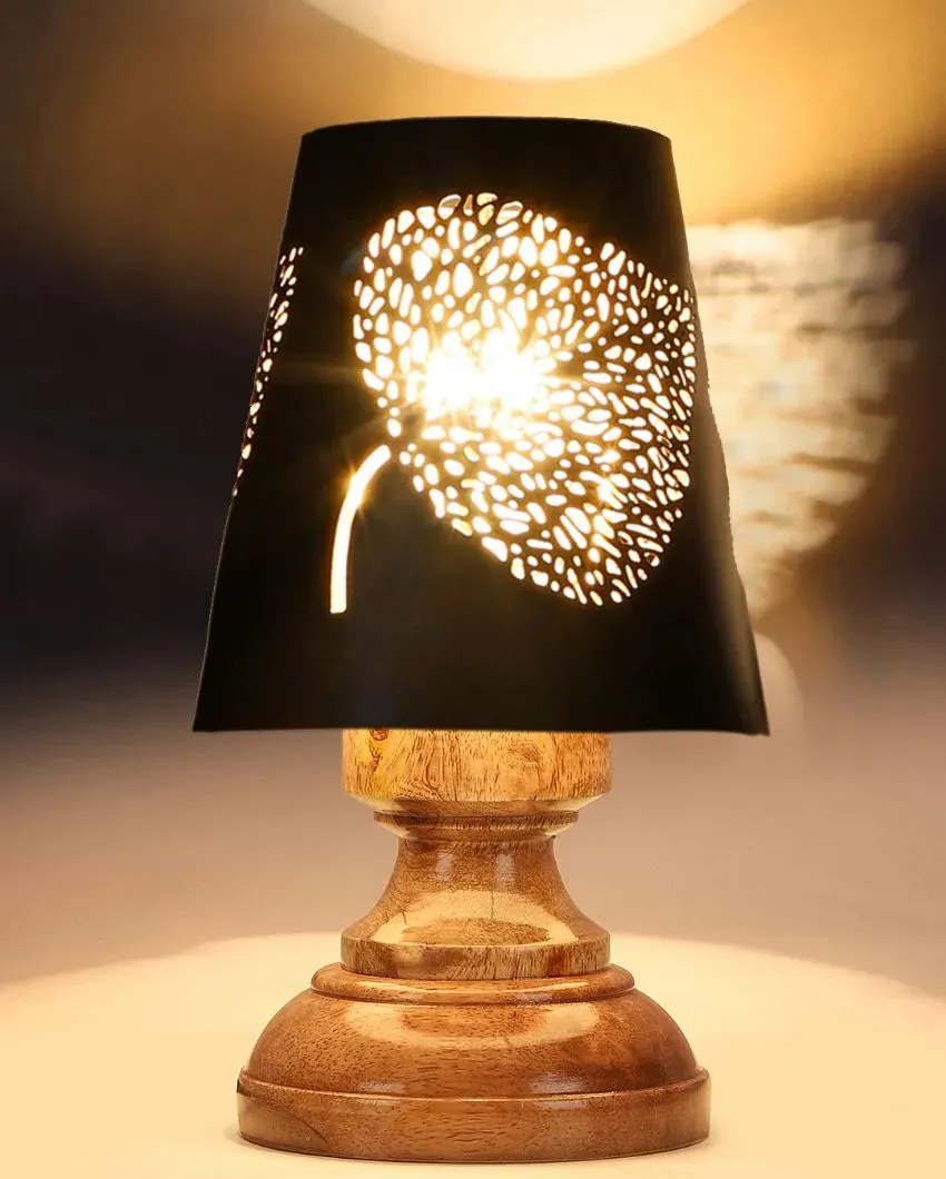 Leaf Metal Etching Table Lamp With Natural Wood Modest Round Base | 6 x 8 inches