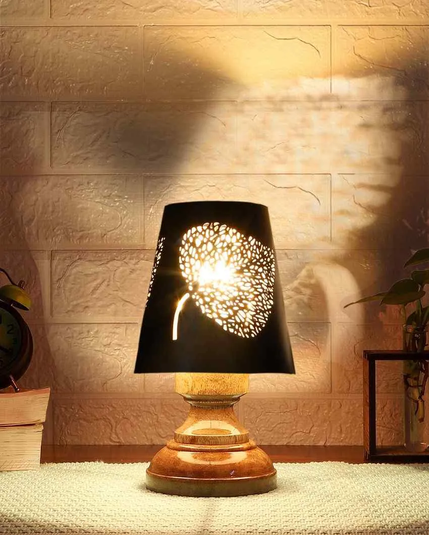 Leaf Metal Etching Table Lamp With Natural Wood Modest Round Base | 6 x 8 inches
