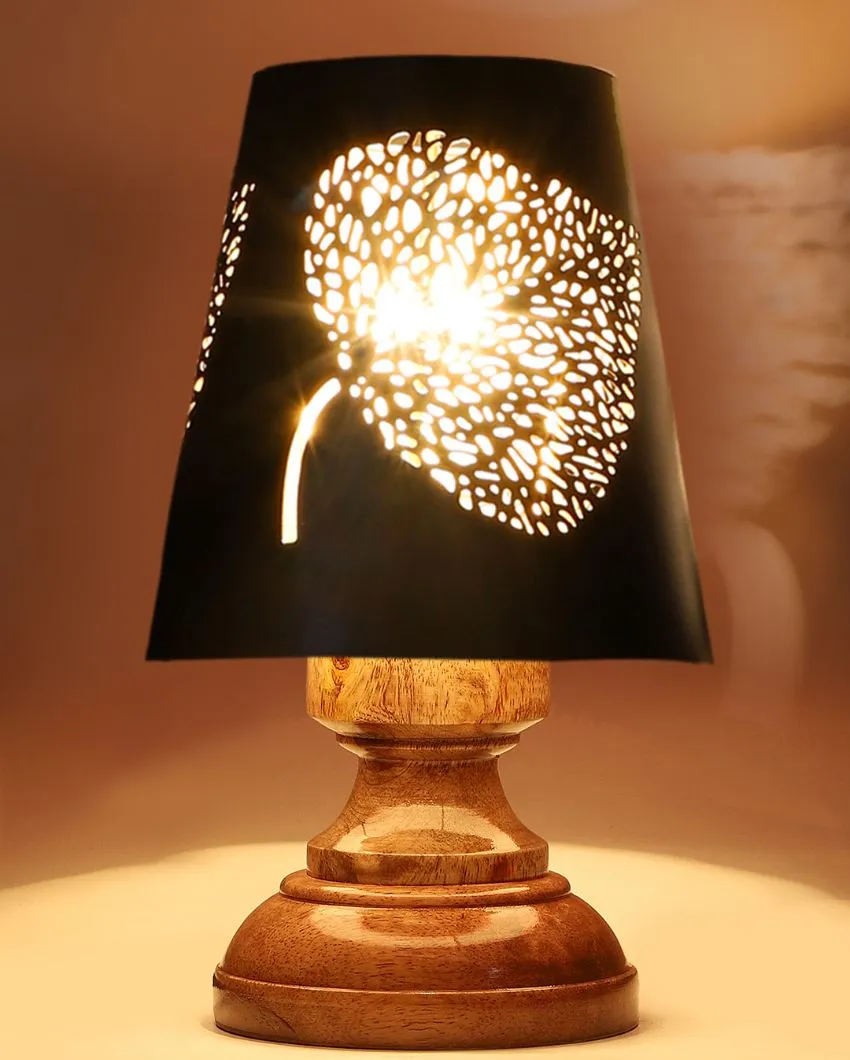 Leaf Metal Etching Table Lamp With Natural Wood Modest Round Base | 6 x 8 inches