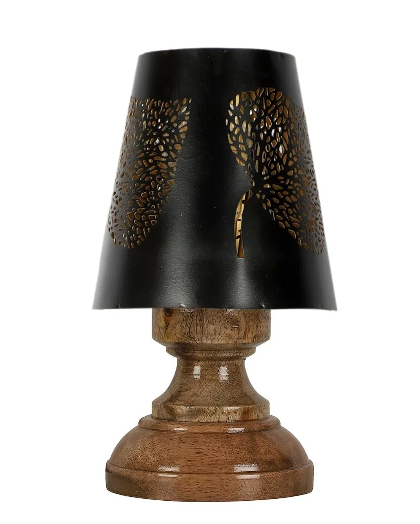 Leaf Metal Etching Table Lamp With Natural Wood Modest Round Base | 6 x 8 inches