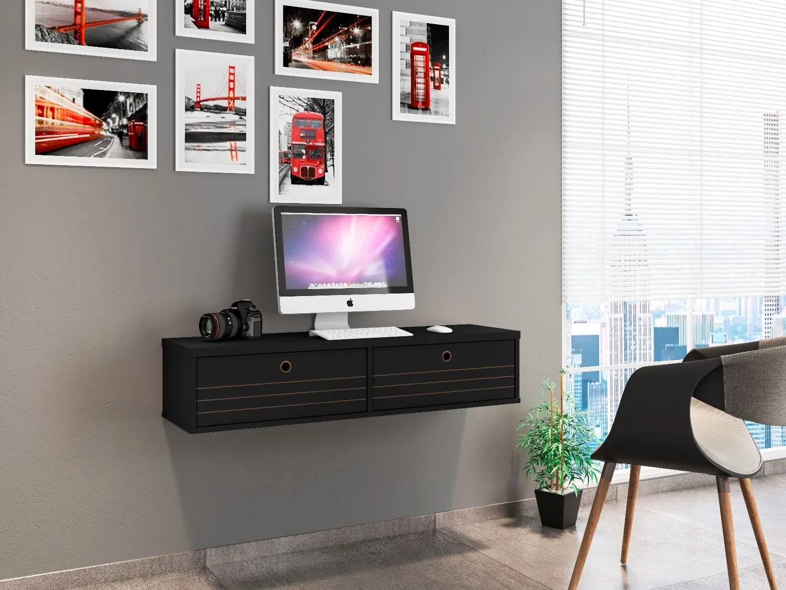 Liberty 42.28 Mid-Century Modern Floating Office Desk with 2 Shelves in Black