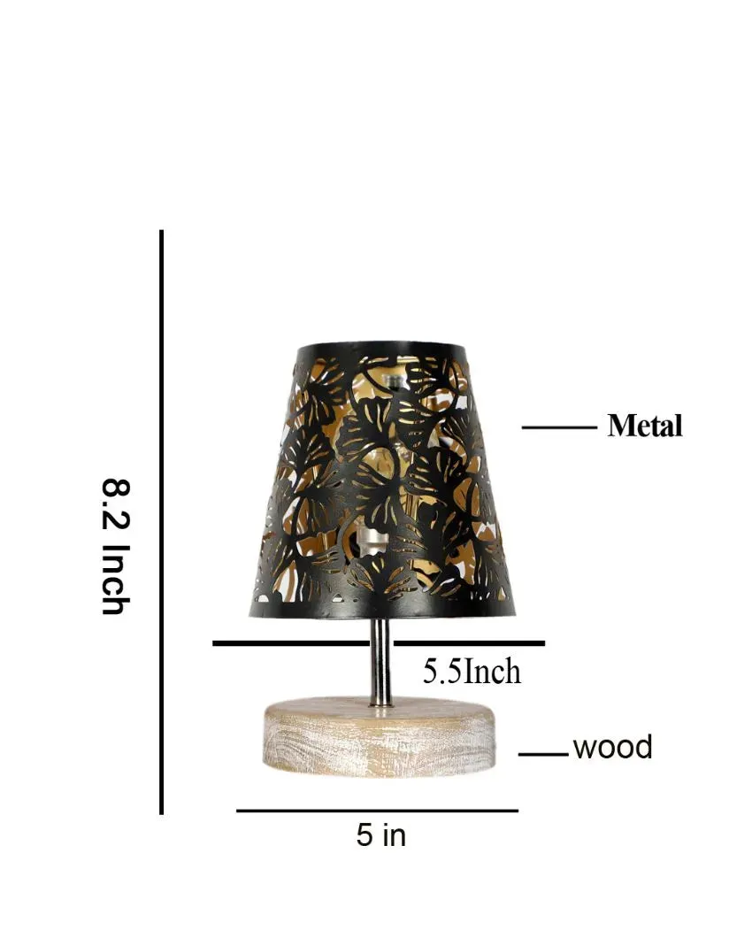 Metal Floral Etching Table Lamp With White Brushed Wood Round Base | 6 x 8 inches