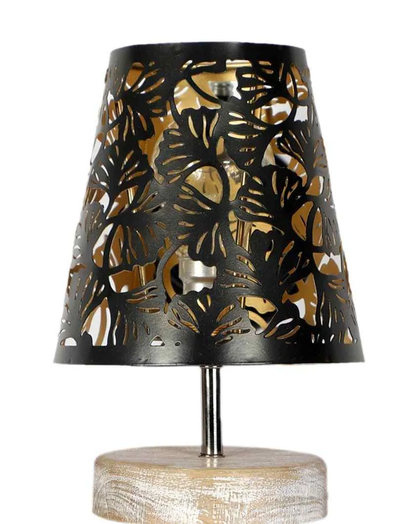 Metal Floral Etching Table Lamp With White Brushed Wood Round Base | 6 x 8 inches