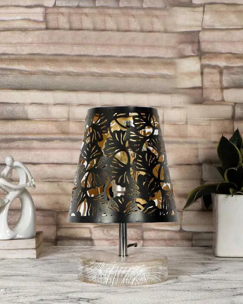 Metal Floral Etching Table Lamp With White Brushed Wood Round Base | 6 x 8 inches