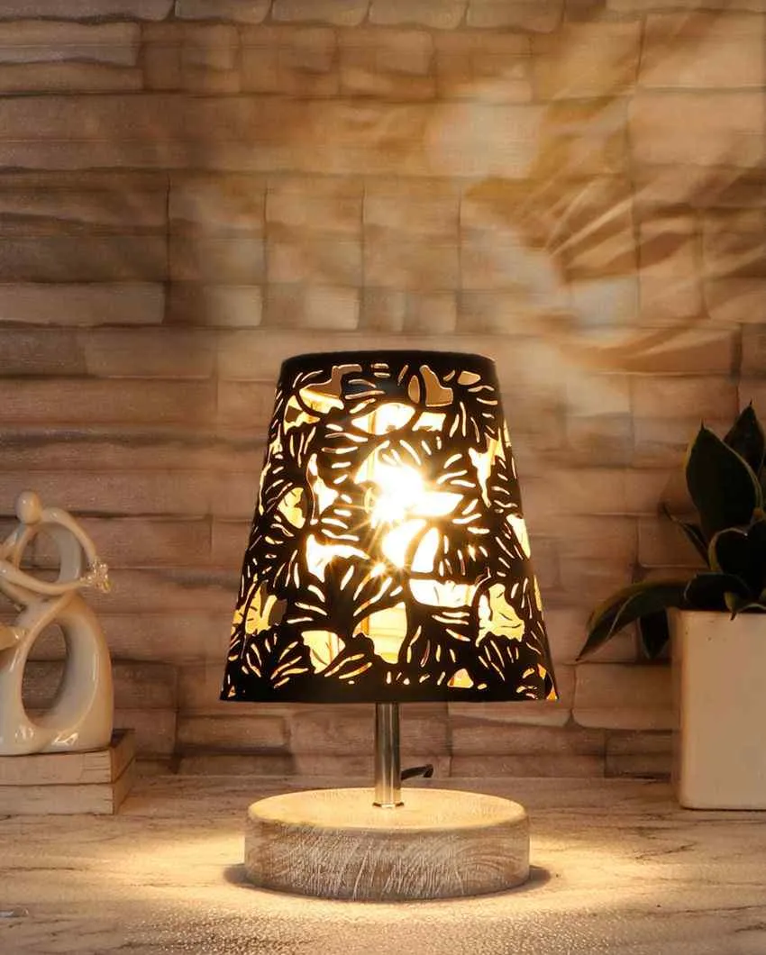Metal Floral Etching Table Lamp With White Brushed Wood Round Base | 6 x 8 inches