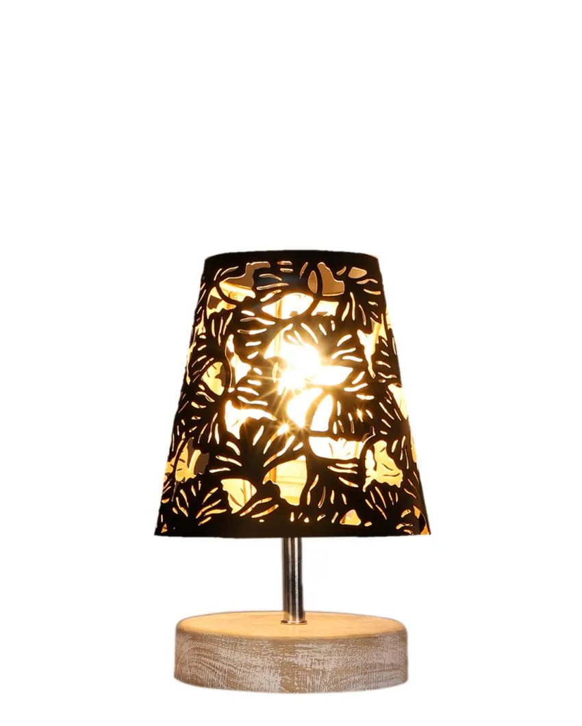 Metal Floral Etching Table Lamp With White Brushed Wood Round Base | 6 x 8 inches