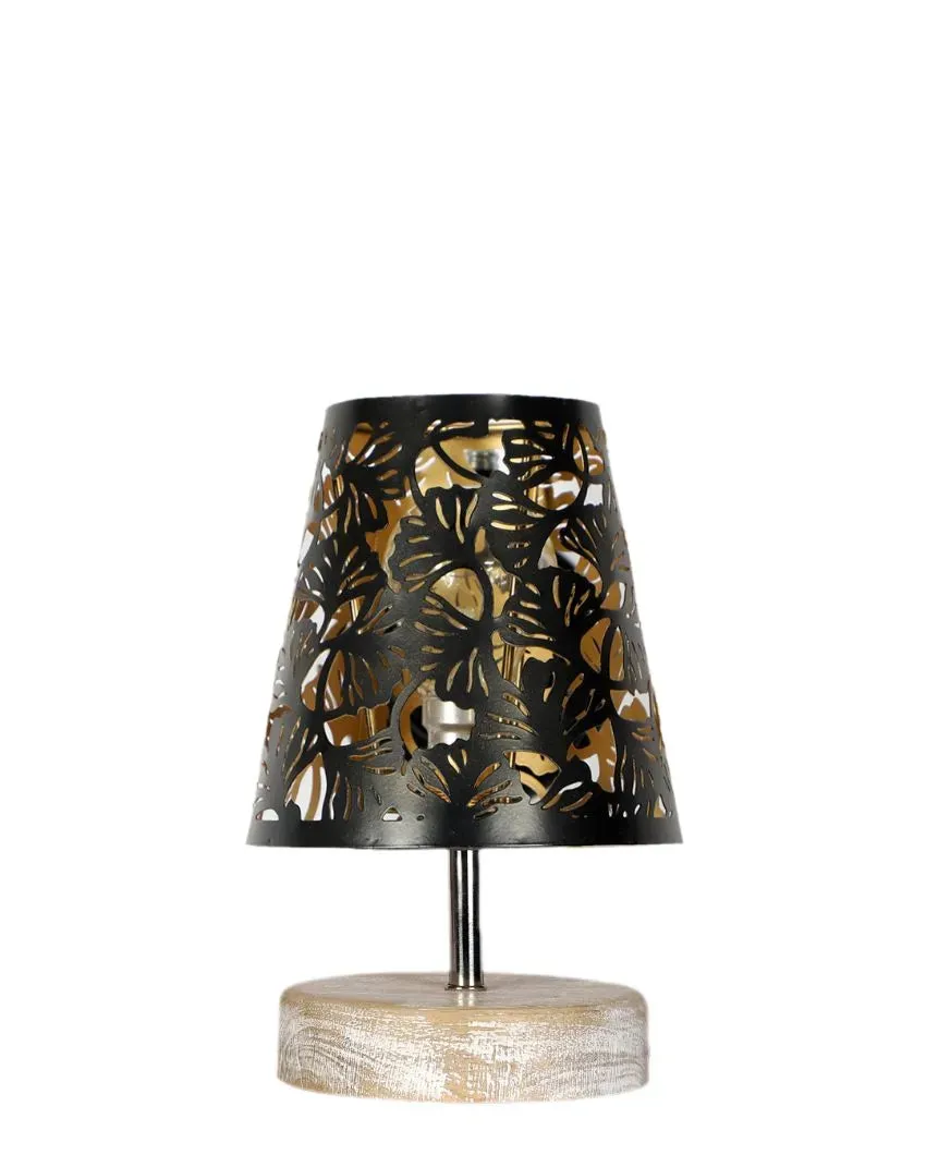 Metal Floral Etching Table Lamp With White Brushed Wood Round Base | 6 x 8 inches