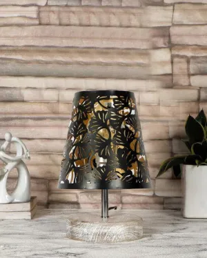 Metal Floral Etching Table Lamp With White Brushed Wood Round Base | 6 x 8 inches