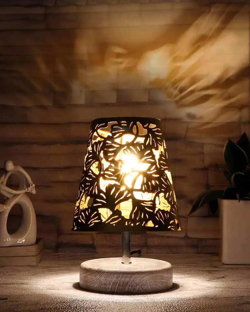 Metal Floral Etching Table Lamp With White Brushed Wood Round Base | 6 x 8 inches