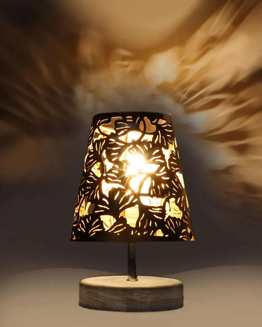 Metal Floral Etching Table Lamp With White Brushed Wood Round Base | 6 x 8 inches