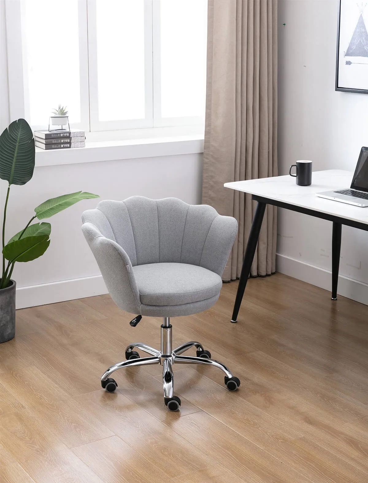 Modern Home Office Chair, Cute Velvet Upholstered Shell Chair Adjustable Swivel Vanity Chair for Women, Light Gray