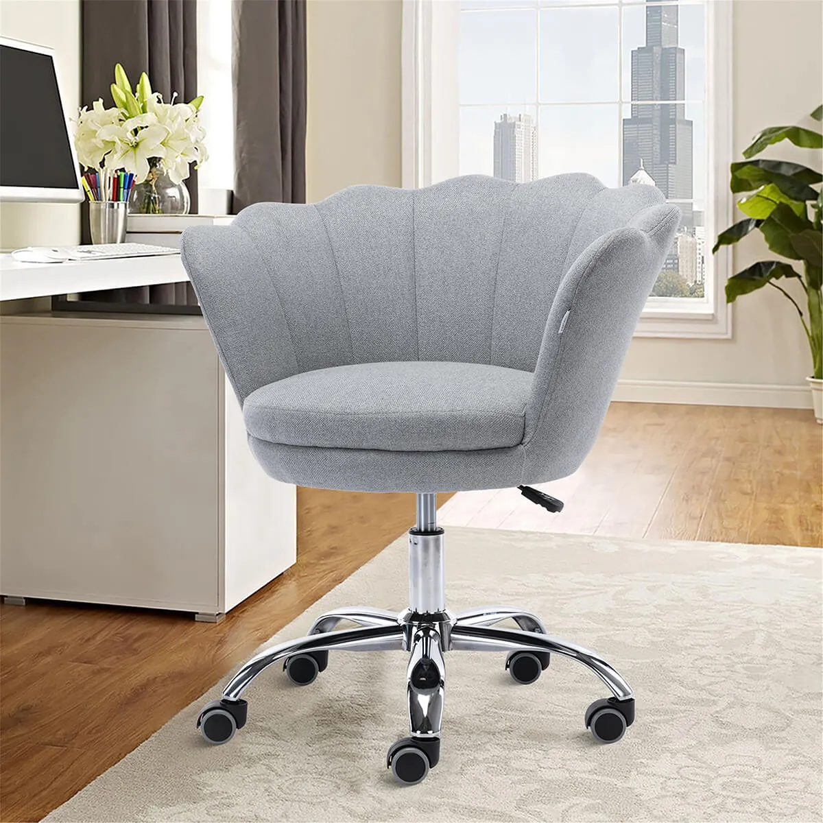 Modern Home Office Chair, Cute Velvet Upholstered Shell Chair Adjustable Swivel Vanity Chair for Women, Light Gray