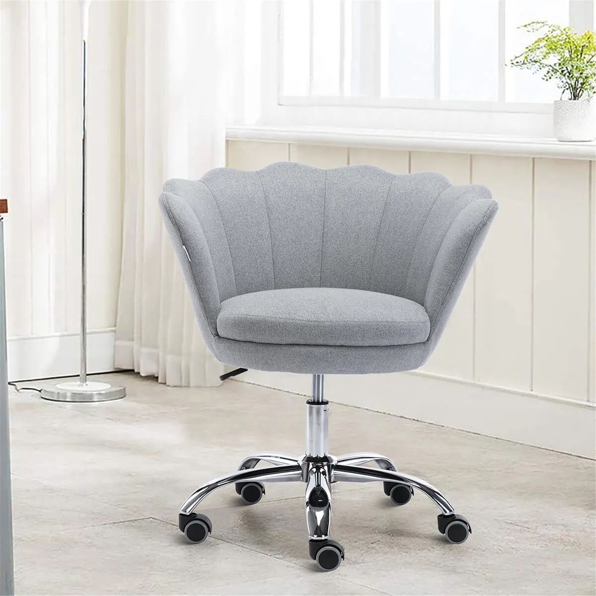 Modern Home Office Chair, Cute Velvet Upholstered Shell Chair Adjustable Swivel Vanity Chair for Women, Light Gray