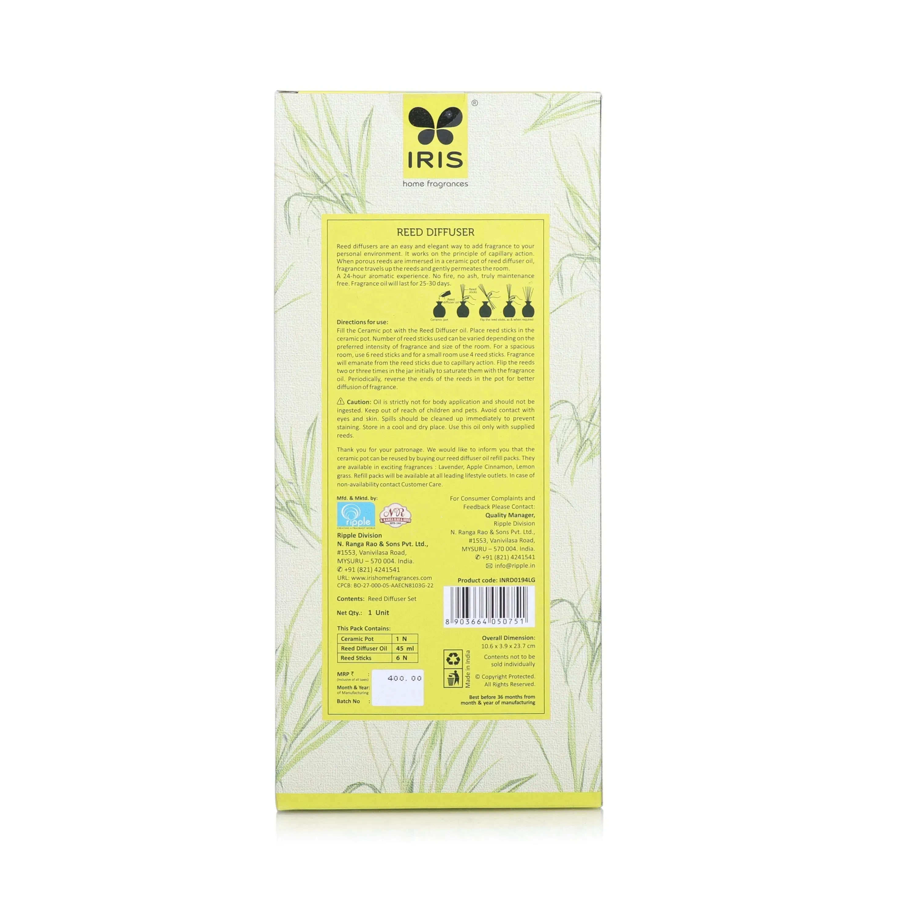 Reed Diffuser Set | Multiple Fragrance | 4.5 x 2.2 x  9.4 inches