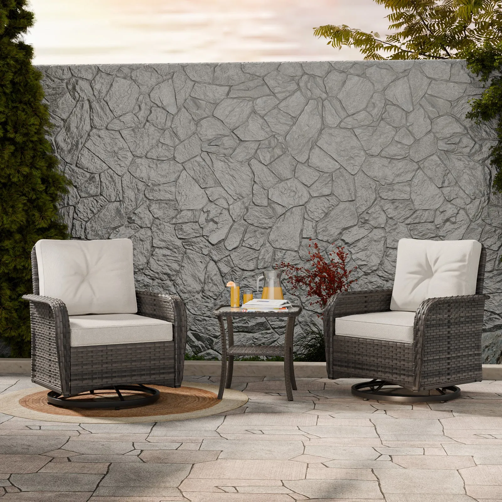 Rustic Veranda Patio Bistro Set, Swivel Rocking Chairs with Side Table, Gray/Beige