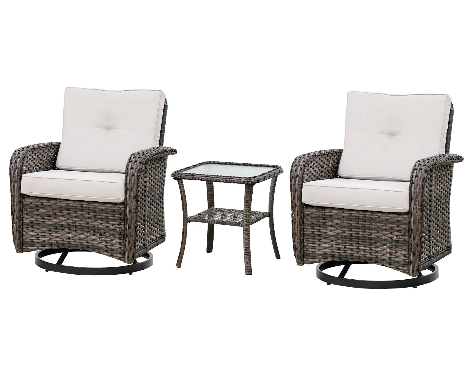 Rustic Veranda Patio Bistro Set, Swivel Rocking Chairs with Side Table, Gray/Beige
