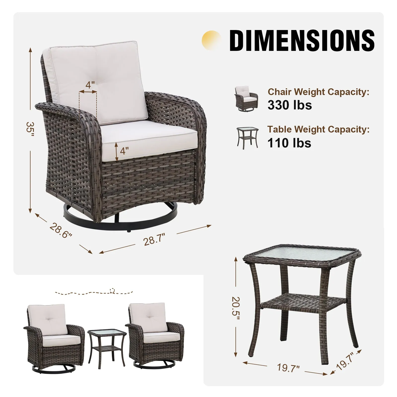 Rustic Veranda Patio Bistro Set, Swivel Rocking Chairs with Side Table, Gray/Beige