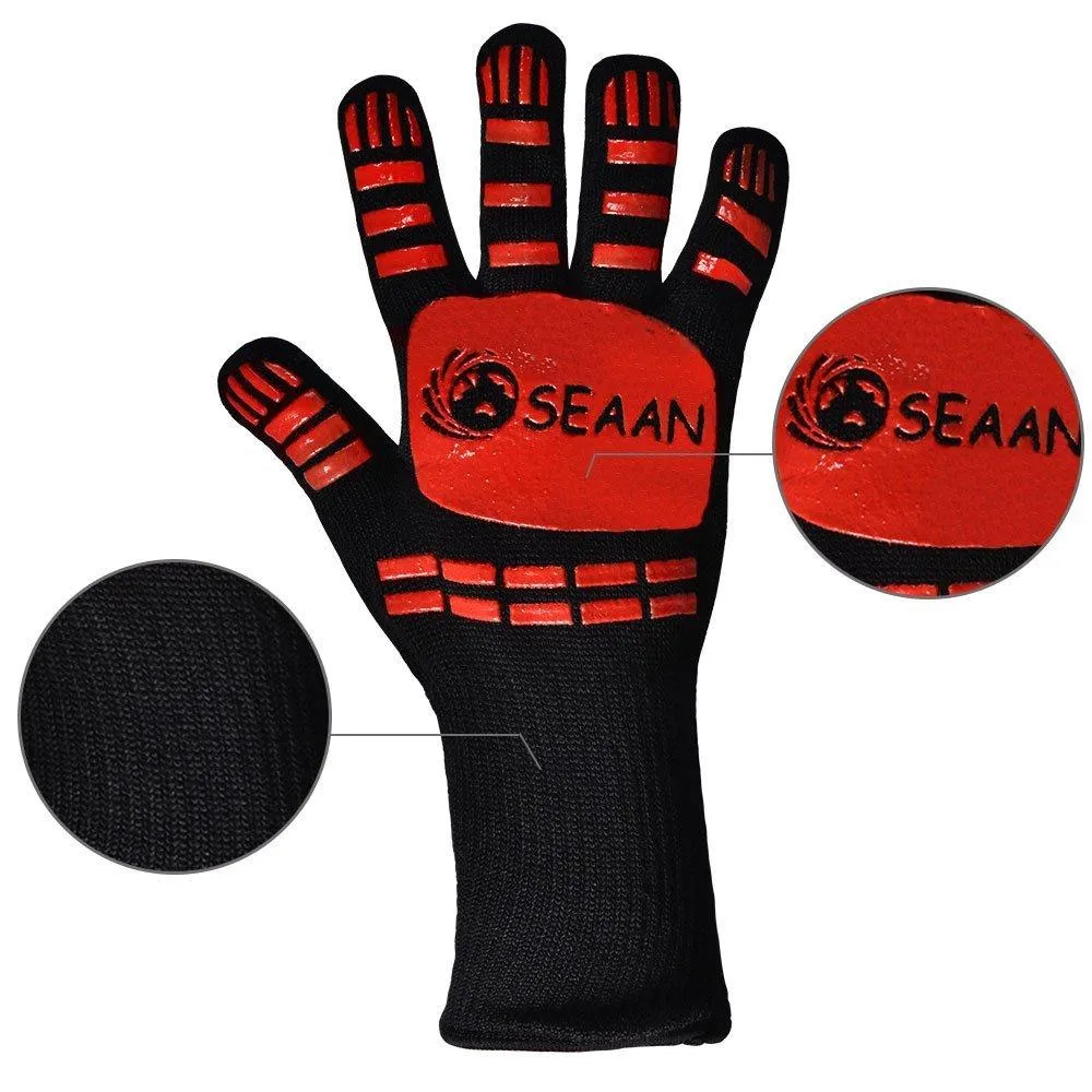 SEAAN Kitchen Cooking Oven Mitts- 932&deg;F Extreme Heat Proof BBQ Grilling Gloves - Outdoor and Indoor Heat Resistant Kitchen Gloves-Five Fingers Oven Gloves Set-1 Pair Suitable for Men and Women