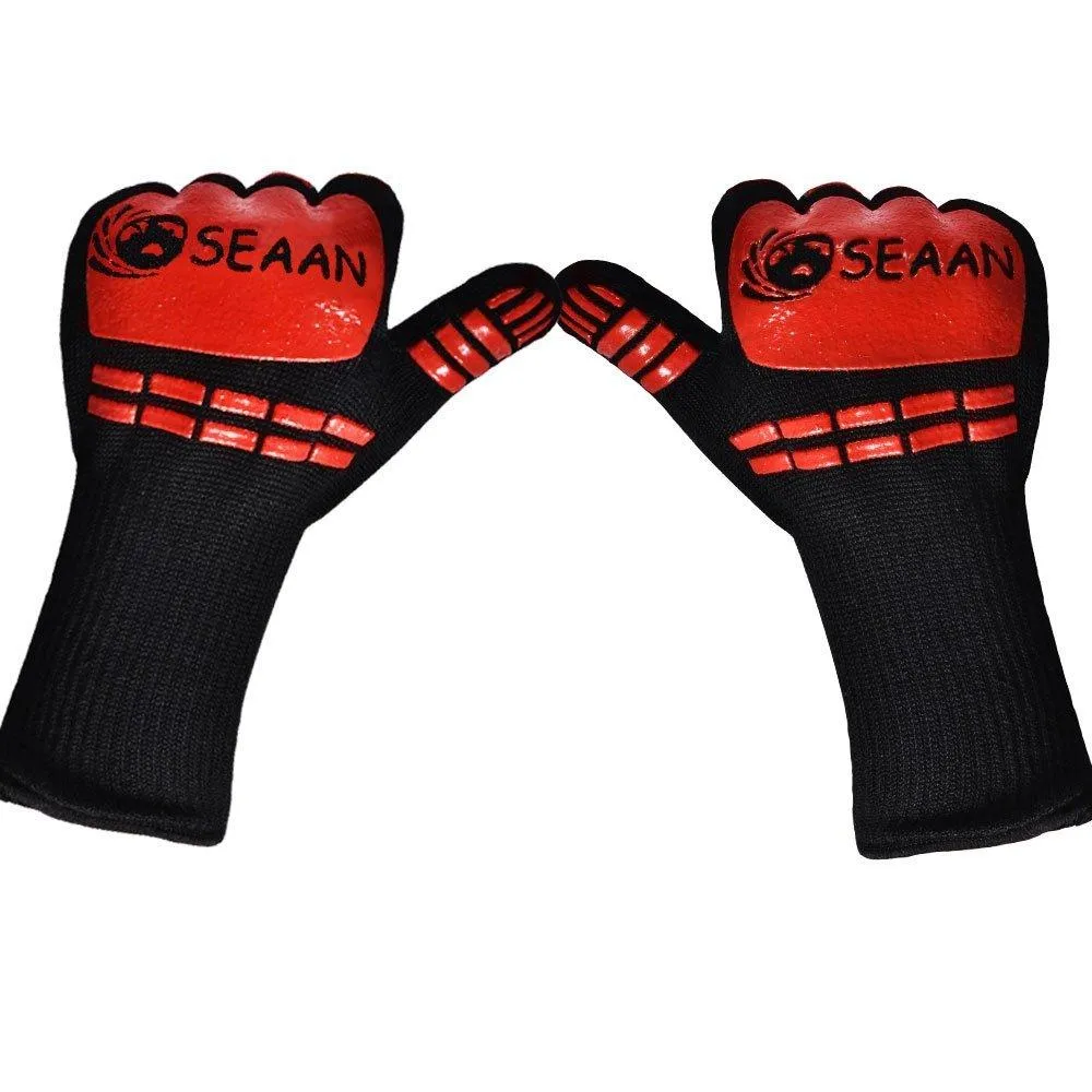 SEAAN Kitchen Cooking Oven Mitts- 932&deg;F Extreme Heat Proof BBQ Grilling Gloves - Outdoor and Indoor Heat Resistant Kitchen Gloves-Five Fingers Oven Gloves Set-1 Pair Suitable for Men and Women
