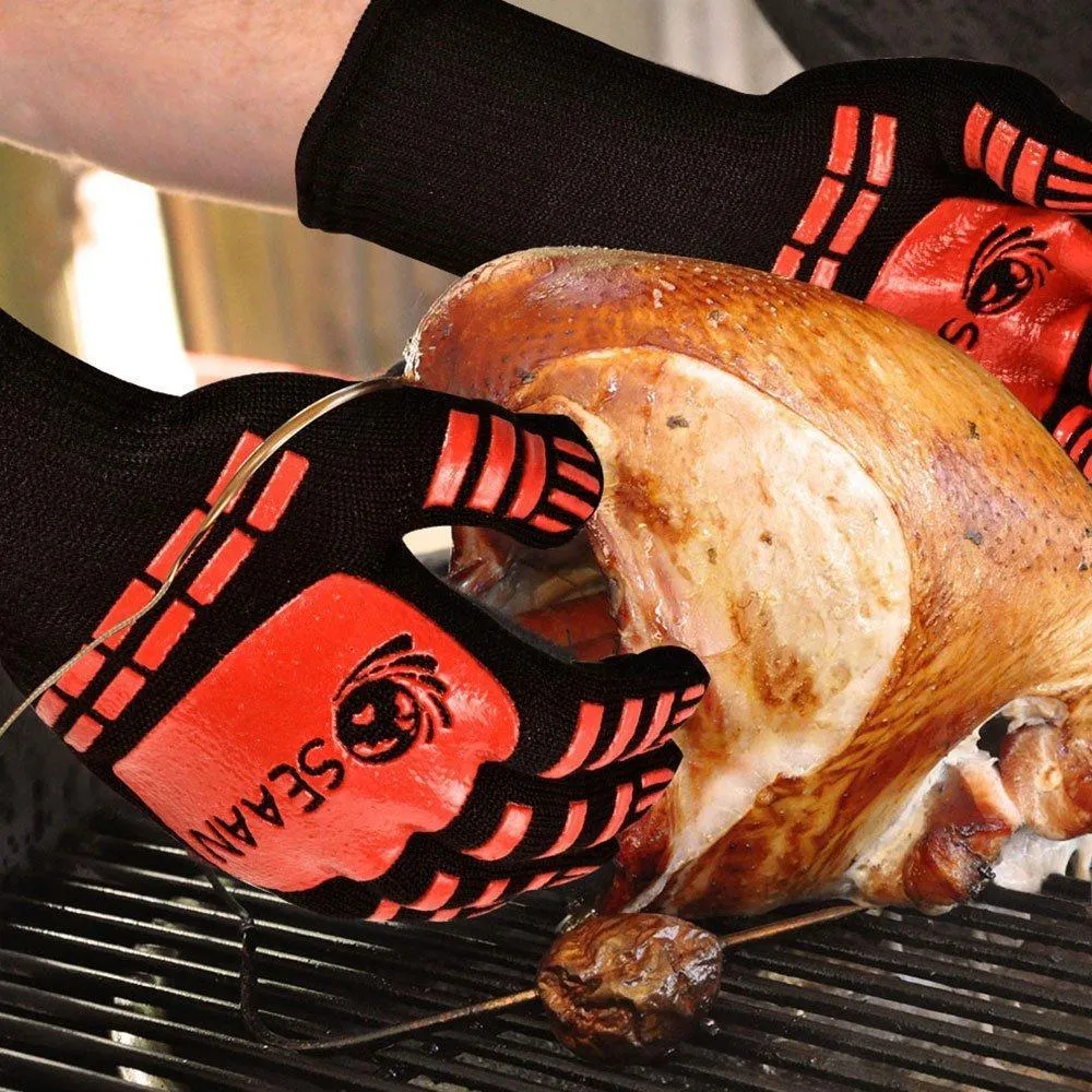 SEAAN Kitchen Cooking Oven Mitts- 932&deg;F Extreme Heat Proof BBQ Grilling Gloves - Outdoor and Indoor Heat Resistant Kitchen Gloves-Five Fingers Oven Gloves Set-1 Pair Suitable for Men and Women