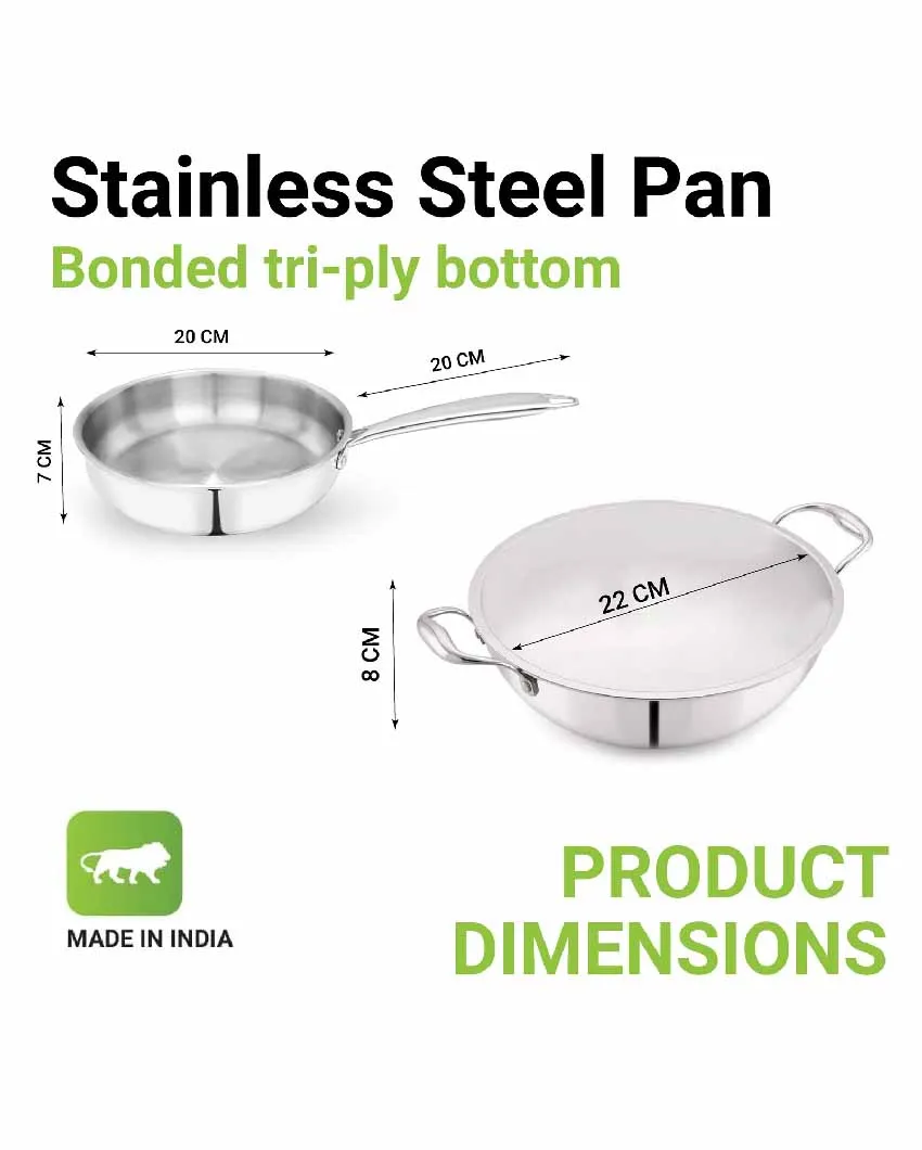 Silver Triply Stainless Steel Frypan With Kadhai | Safe For All Cooktops