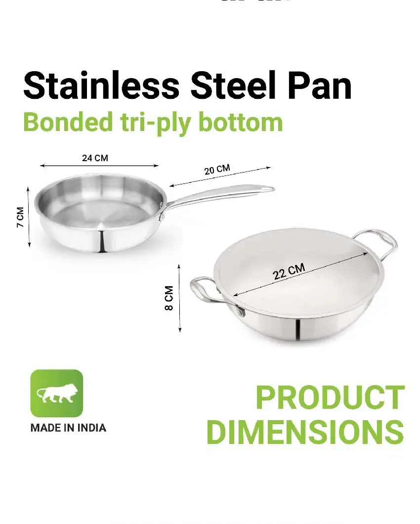 Silver Triply Stainless Steel Frypan With Kadhai | Safe For All Cooktops