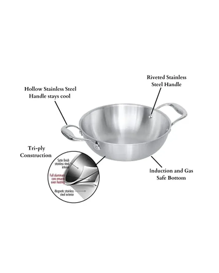 Silver Triply Stainless Steel Frypan With Kadhai | Safe For All Cooktops