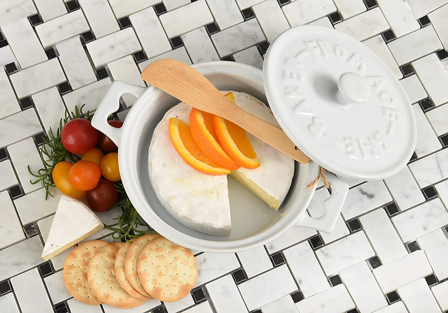Stoneware Brie Baker W/ Wood Spreader (White)