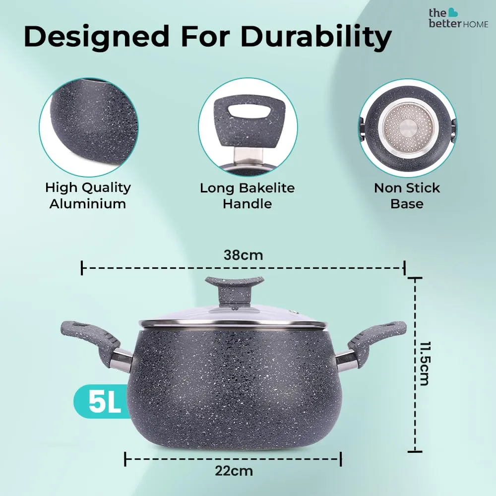 The Better Home Non Stick Handi with Lid (5L) | Big Biryani Handi| Gas Stove Cookware | Durable, Non-Toxic | Easy Grip Handle | Heat Surround Cooking | Large Tope for Cooking|Handi Pot