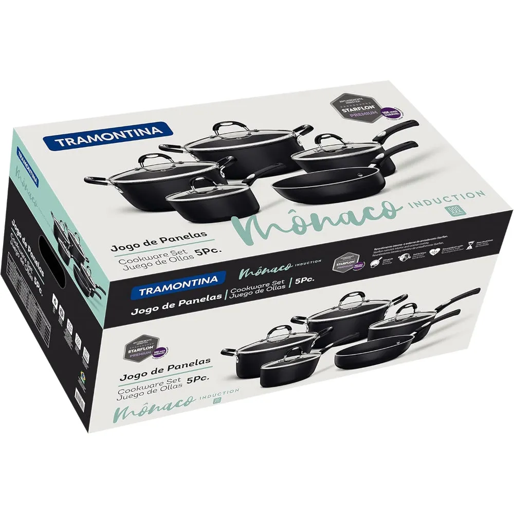 Tramontina Brazil  Monaco Induction Ready 9 Pieces Black Aluminum Cookware Set with Interior and Exterior Starflon Premium Nonstick Coating