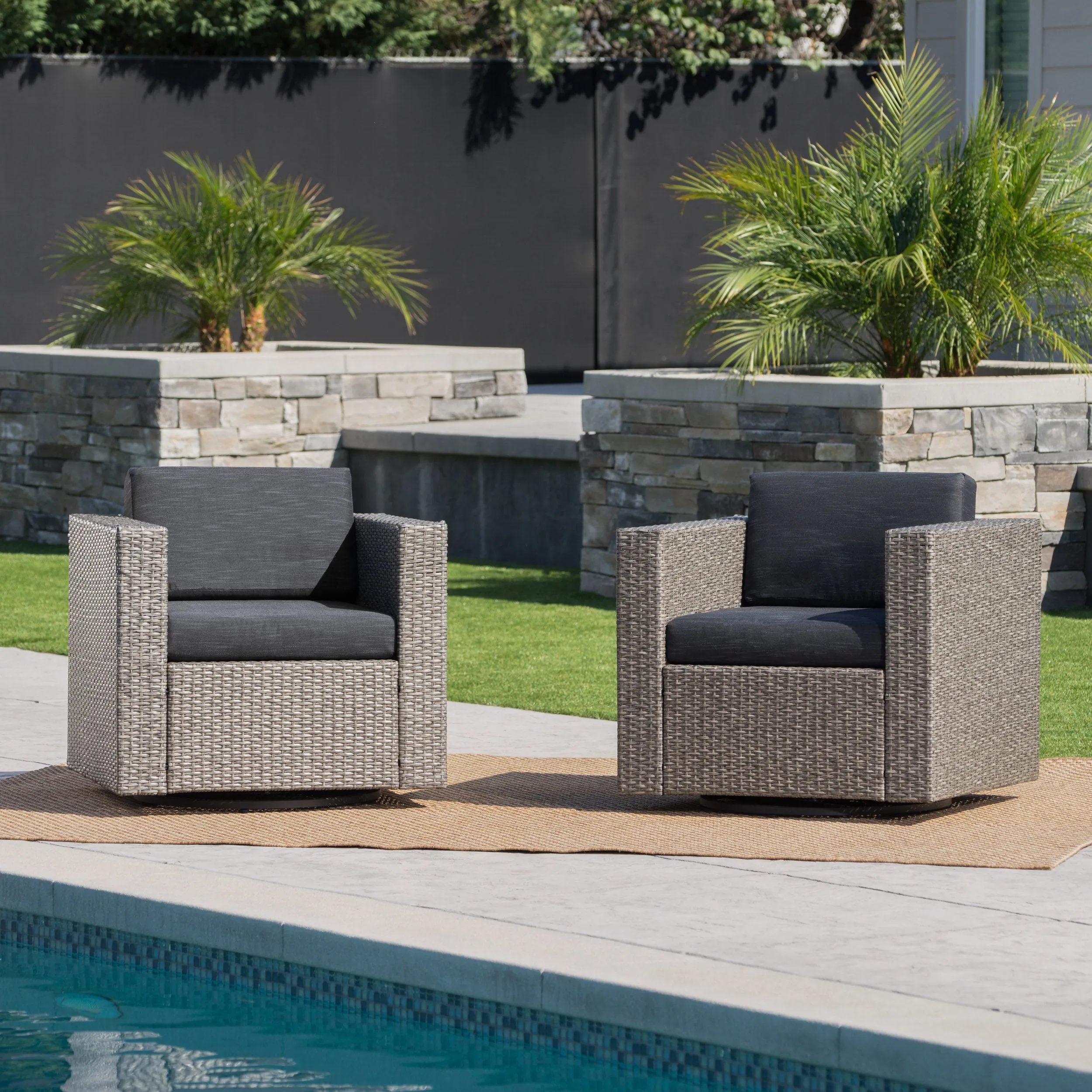 Venice Outdoor Wicker Swivel Club Chairs with Cushions, Set of 2