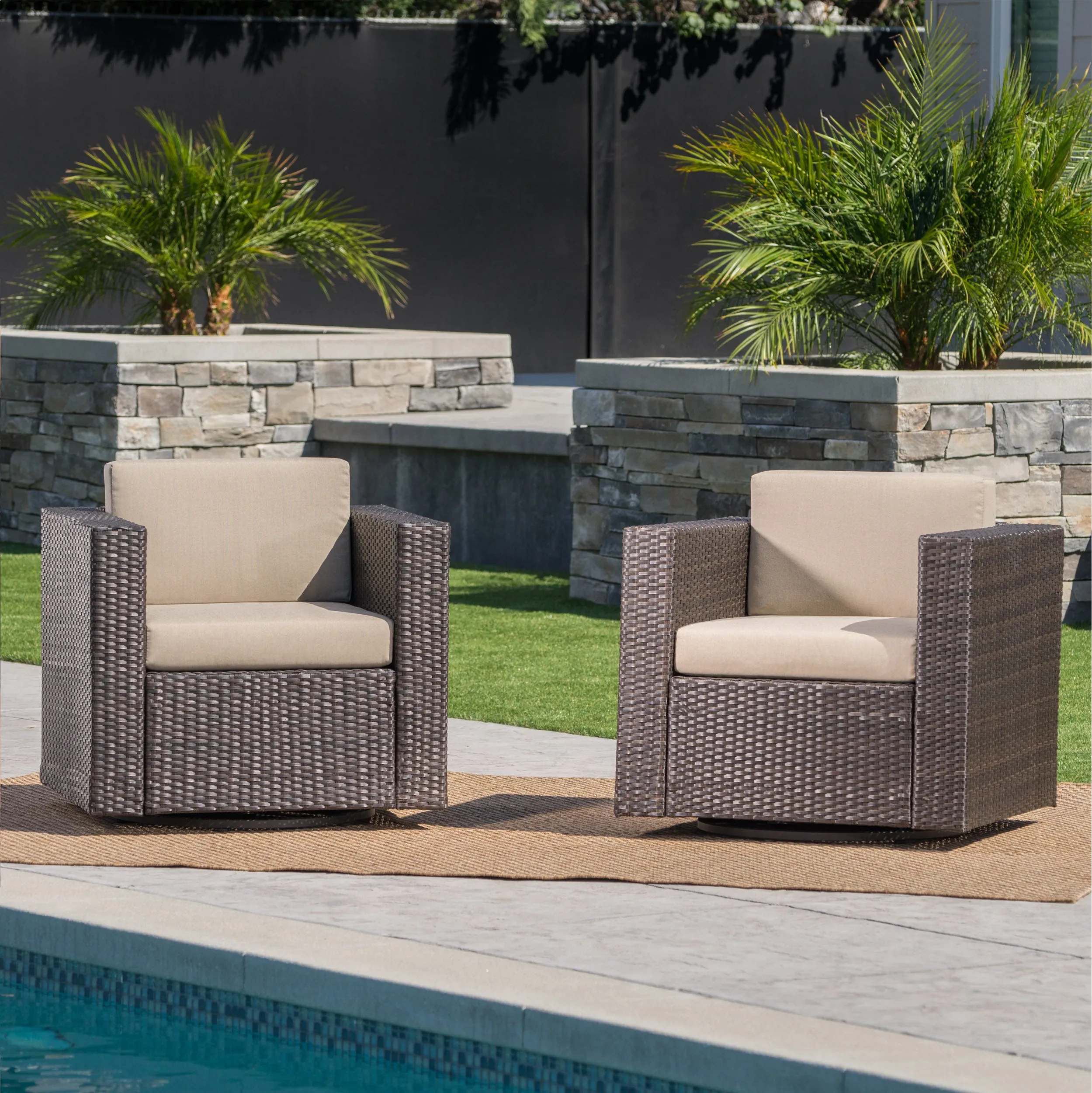 Venice Outdoor Wicker Swivel Club Chairs with Cushions, Set of 2